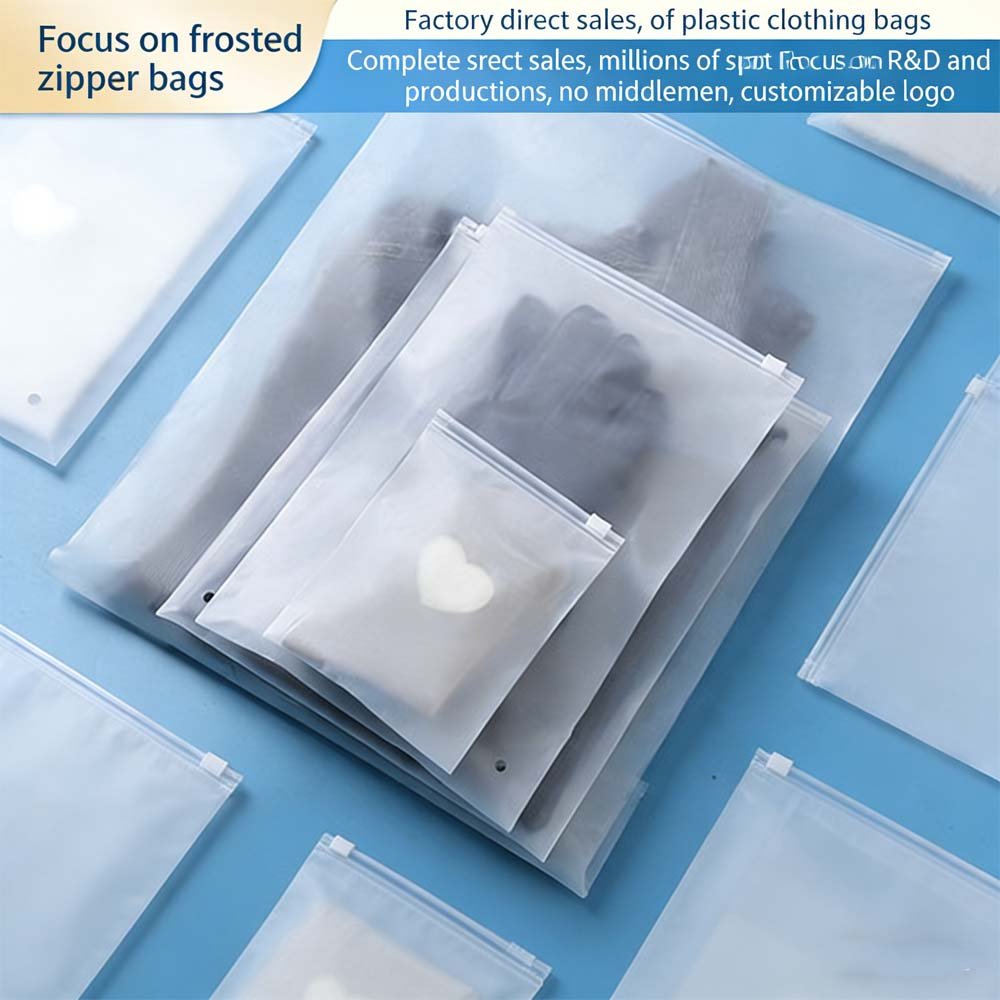 Frosted zipper bags in stock. Frosted bags with printing, transparent pe clothing packaging bags, plastic self-sealing bags, CPE zipper bags