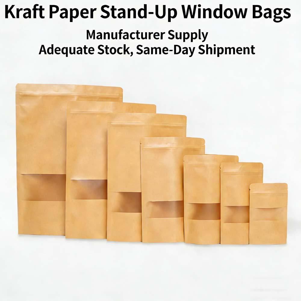 Kraft paper self-standing window bag manufacturer 2025 new model bags available in multiple specifications, supporting processing and customization